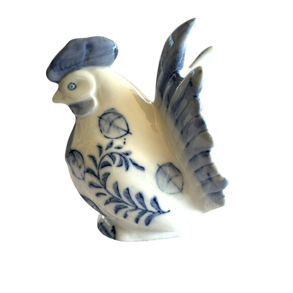 Vintage Blue & White Ceramic Rooster Piggy Bank - Picture 5 of 11